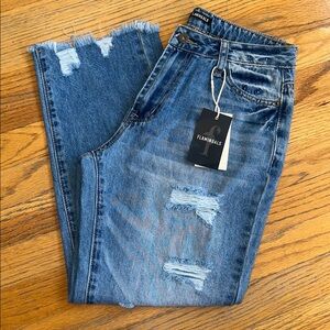 Flamingals Cropped Ripped Blue Straight Leg Jeans